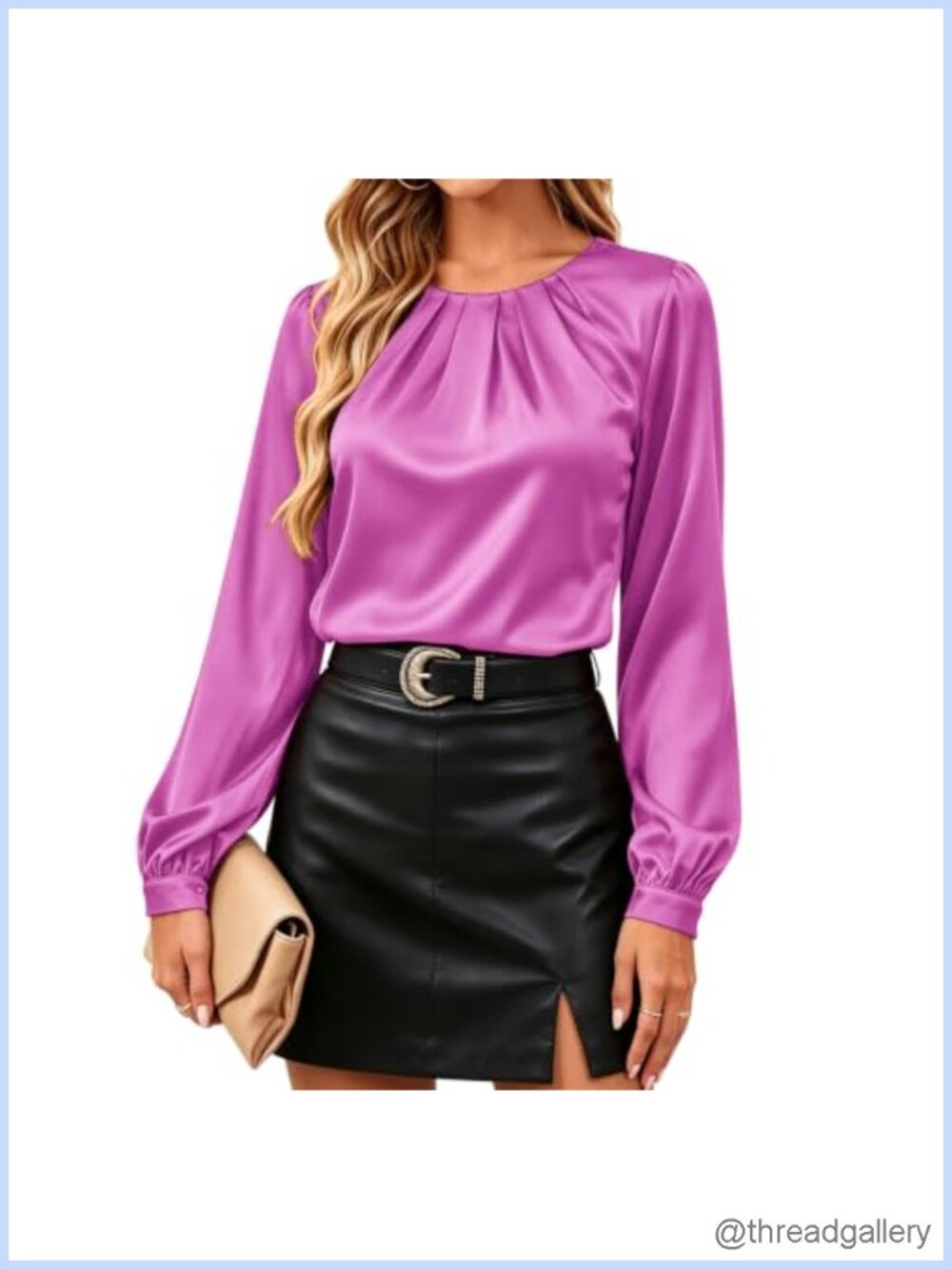 Silk Satin Blouse Long Sleeve Pleated Button Down Business Top